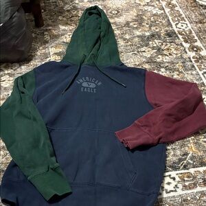 American Eagle Outfitters Men's Green and Maroon Hoodie
